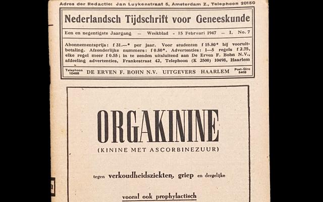 Een cover van het NTvG uit 1947 met een advertentie voor orgakinine.