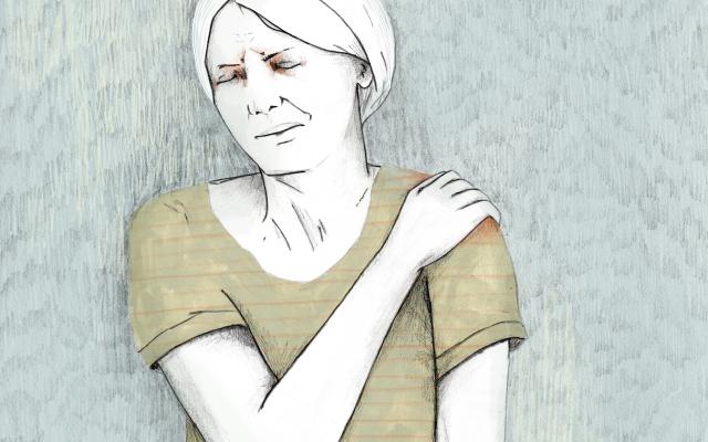 Illustratie van een vrouw met een gepijnigd gezicht. Ze heeft haar hand op haar eigen schouder gelegd.