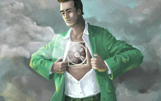 Illustratie van een man met een ventilator in zijn borst