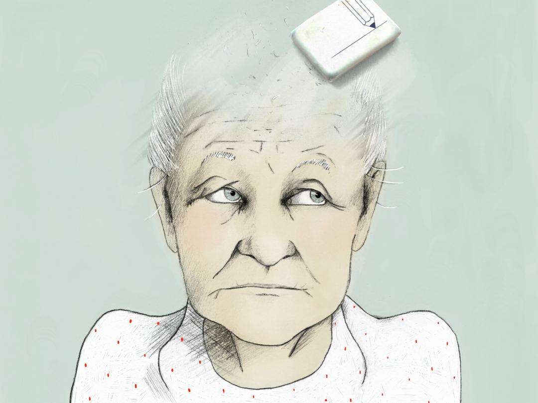 Illustratie van een oud persoon waarvan de bovenkant van het hoofd deels is weggegumd.