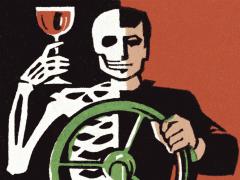 Illustratie van deels man deels skelet achter het stuur met wijnglas in de hand