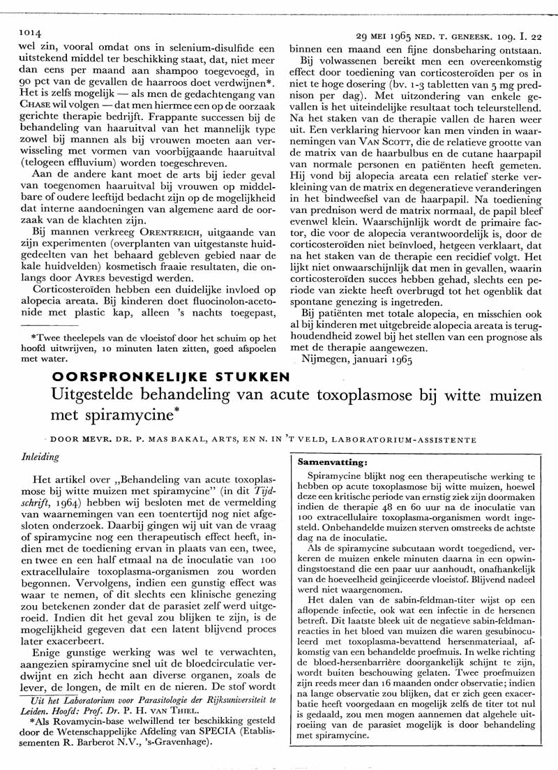 Uitgestelde Behandeling Van Acute Toxoplasmose Bij Witte Muizen Met Spiramycine Nederlands Tijdschrift Voor Geneeskunde