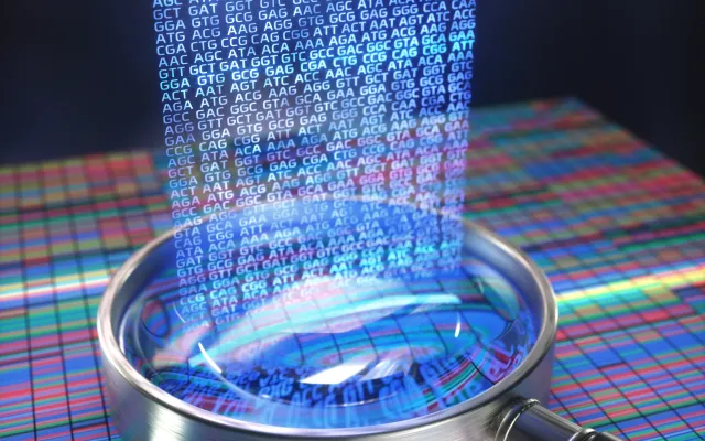 Een vergrootglas ligt op een digitale databank.