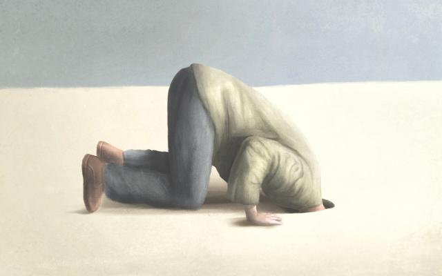 Illustratie van een persoon die zijn kop in het zand steekt.