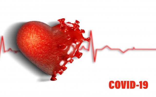Een hart dat voor de helft de vorm heeft van het coronavirus.