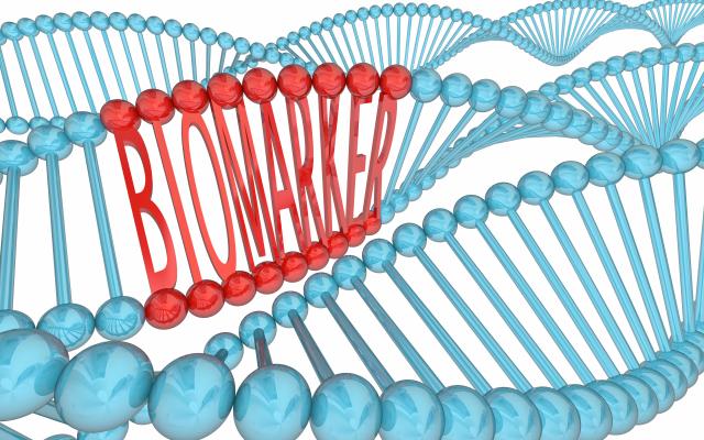 Illustratie van een DNA-streng waar het woord 'biomarker' in verwerkt is.