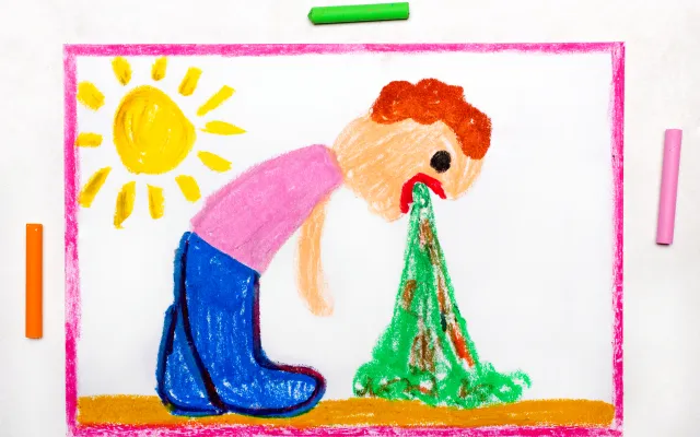 Een kindertekening van een brakend persoon.