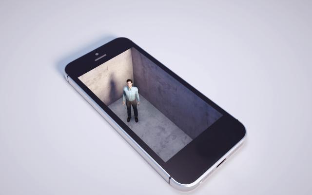 Een figuur is te zien in het scherm van een smartphone.