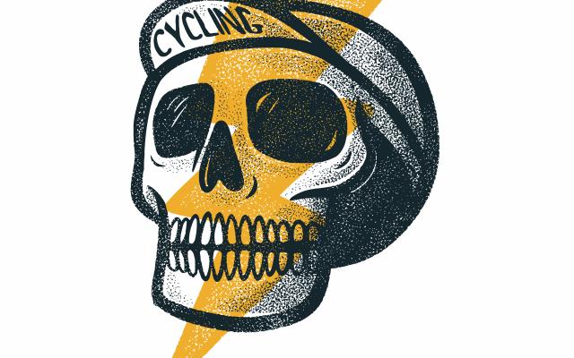 Illustratie van een doodskop met een pet op. Op de onderkant van de pettenklep staat het woord "cycling". Over dit beeld is een gele bliksemschicht getekend.