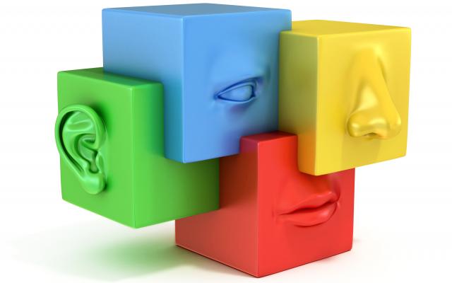 Vier gekleurde blokken vormen samen een gezicht.
