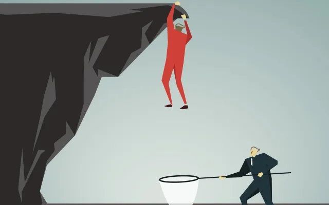 Illustratie van een persoon hangend aan een klif. Onderaan de klif staat een man met een schepnet.