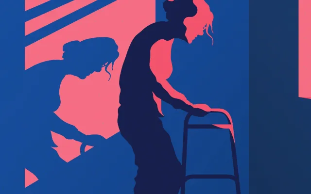 Illustratie van een oudere vrouw met een looprek.