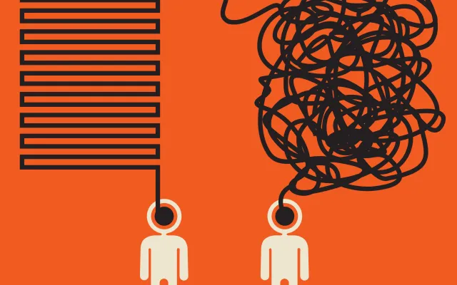 Illustratie van twee abstracte figuren: de linker heeft een spraakballon met rechte lijnen, bij de rechter staat een wirwar van lijnen.