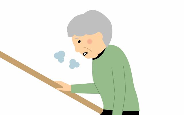 Illustratie van een persoon met grijs haar die puffend de trap op loopt.