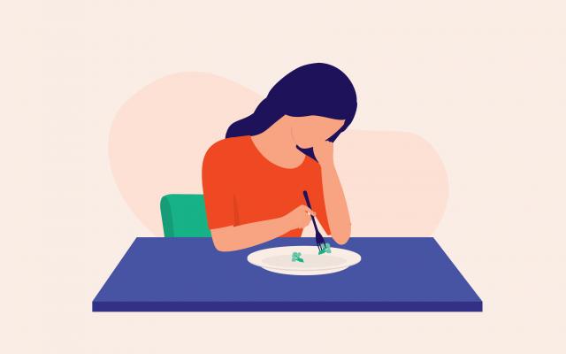 Illustratie van iemand die prikt in eten op een bord.