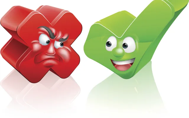 Een rood kruis en een groen vinkje.