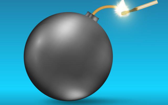 Digitale illustratie van een bom waarvan de lont wordt aangestoken met een lucifer.