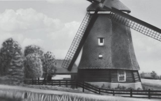 Zwart-wit illustratie van een molen.