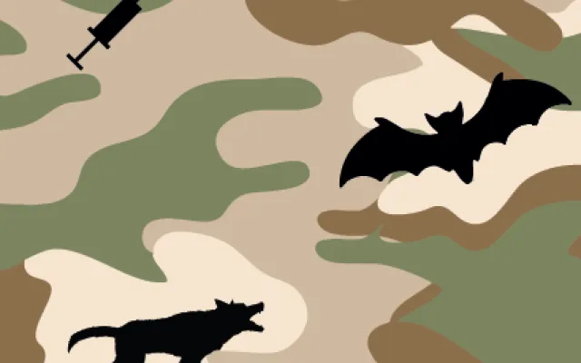 Silhouetten van een injectienaald, een vleermuis en een blaffende hond tegen een achtergrond van camouflagekleuren.