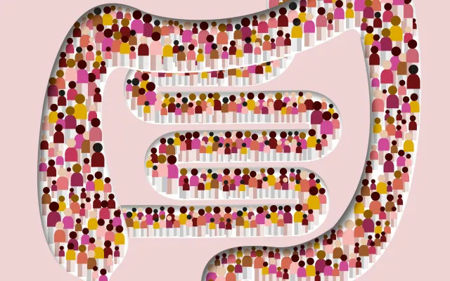 Illustratie van een darmenstelsel gevuld met abstracte figuren van mensen.