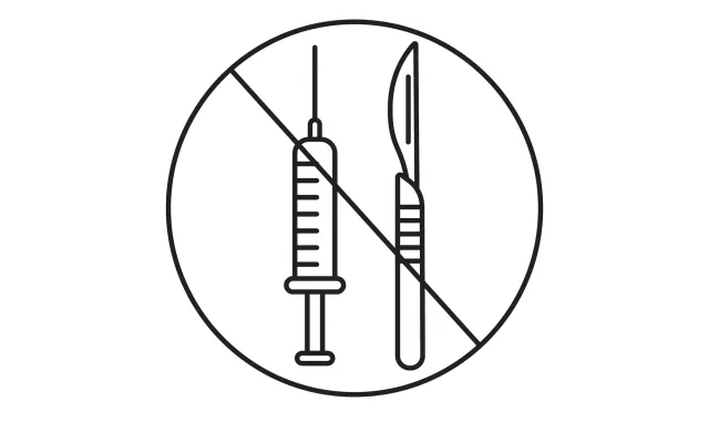 Tekening van een scalpel en spuit met streep erdoor