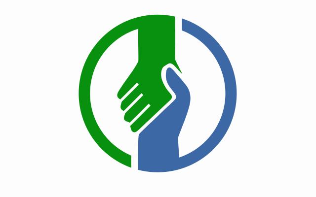 Groene en blauwe hand die elkaar schudden