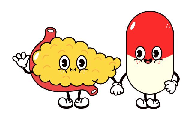 Cartoon van maag en pil