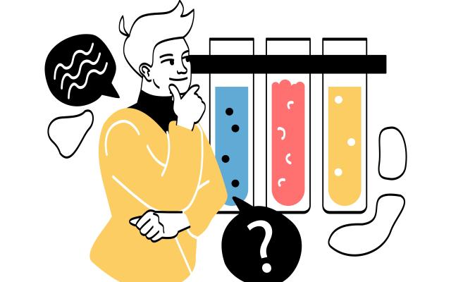 Illustratie van iemand die vragen naar drie reageerbuisjes kijkt.