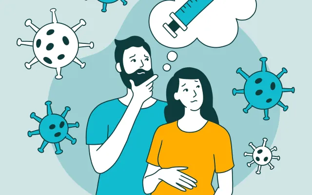 Zwangere vrouw en man met covid bacterien en een injectiespuit als gedachtenwolkjes om zich heen