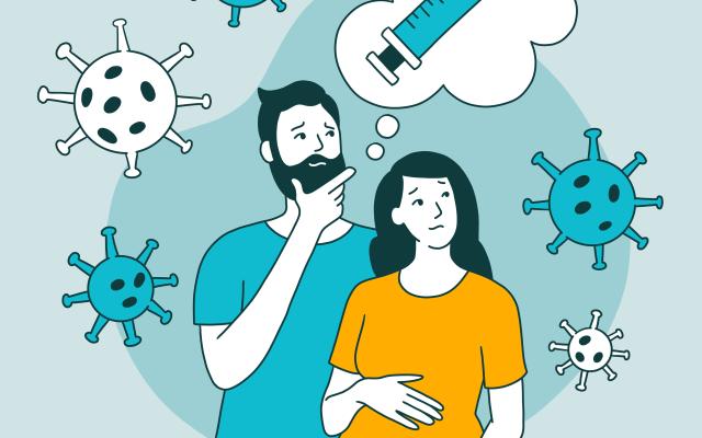 Zwangere vrouw en man met covid bacterien en een injectiespuit als gedachtenwolkjes om zich heen