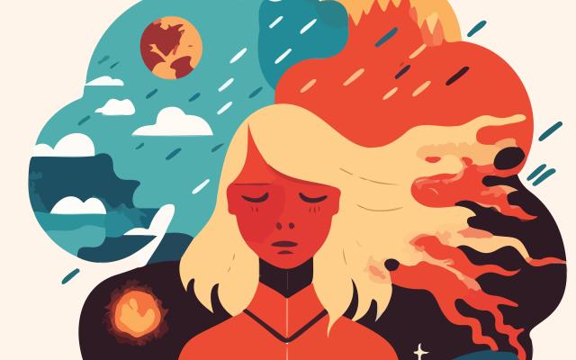 Illustratie van vrouw met alle weertypen om haar heen