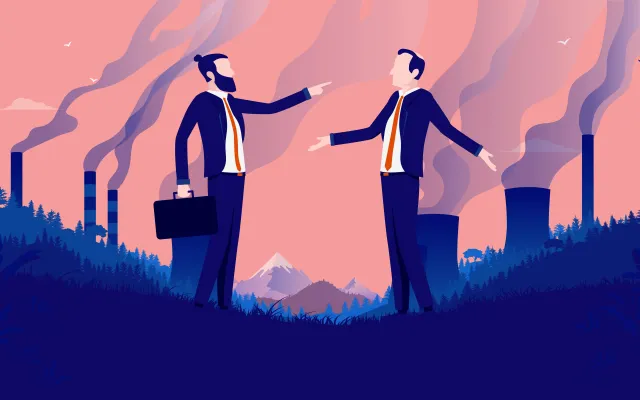 Foto: Overearth/shutterstock Discussiërende mannen met rokende schoorstenen in de achtergrond