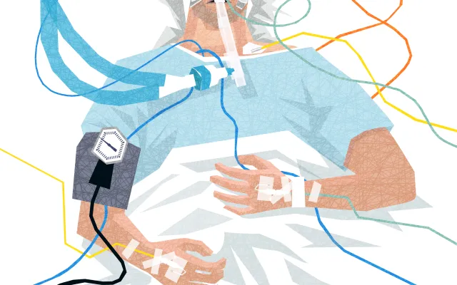 Illustratie van een patiënt gekoppeld aan infusen en beademing