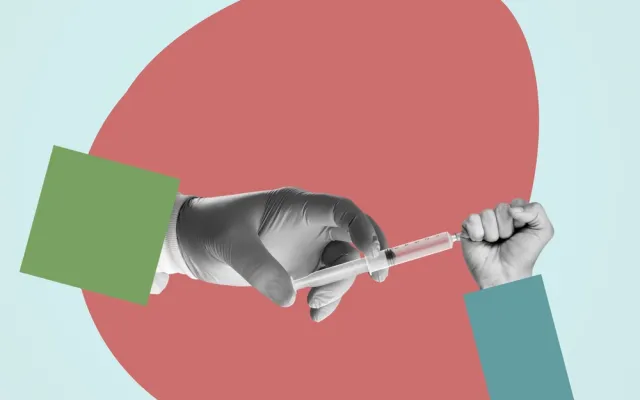 Illustratie van een hand die een injectie tegenhoudt