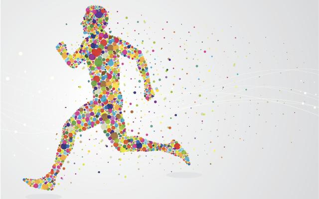 Illustratie van rennende man die uit bolletjes bestaat