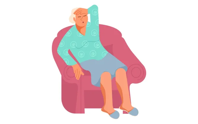Foto: Tatiana Stulbo/shuttterstock Illustratie van een vermoeide oude dame zittend in een stoel
