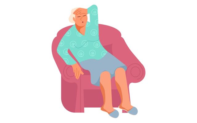 Illustratie van een vermoeide oude dame zittend in een stoel