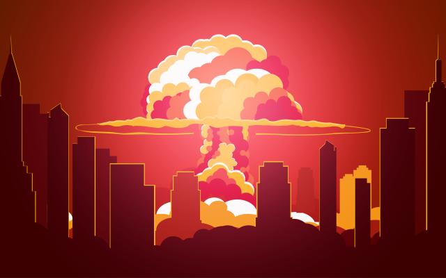 Illustratie van eens stad met een wolk in de vorm van een paddenstoel