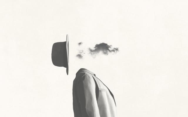 Illustratie van een man met hoed waarvan het hoofd een grijs wolkje is