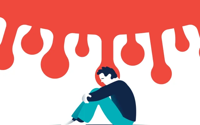 Foto: p.ill.i/shutterstock Illustratie van iemand die zit met covid virus als achtergrond