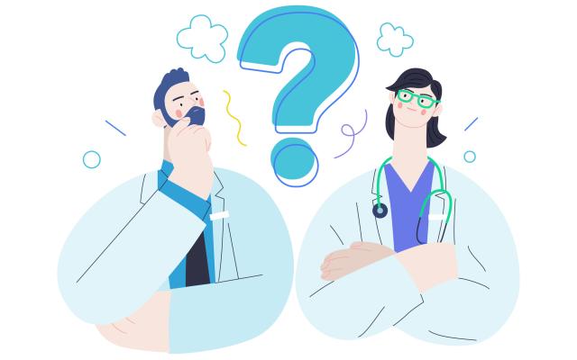 Illustratie van twee collega's met een vraagteken ertussen