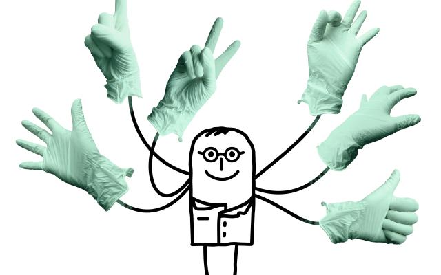 Illustratie van getekend poppetje met 6 chirurgenhanden