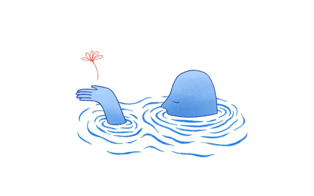 Illustratie: Anna June Illustratie van iemand die verdrinkt met een bloem in de hand