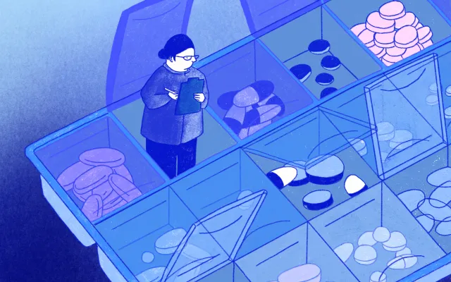 Illustratie: Anna June Illustratie van een pillendoosje waar iemand uitkomt