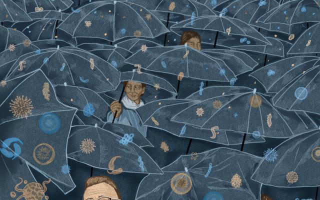 Illustratie van een man die zichzelf beschermt tegen bacteriën 