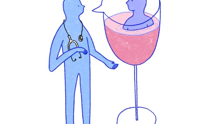Illustratie van 2 mannen waarvan er een in een glas wijn zit