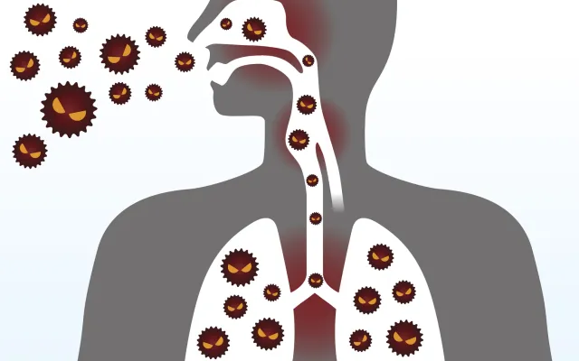 Illustratie van iemand die bacteriën uithoest