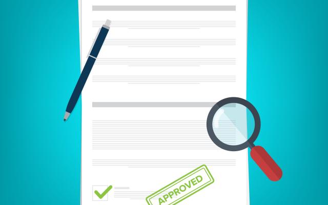 Illustratie van een vel papier met 'approved' gestempeld.