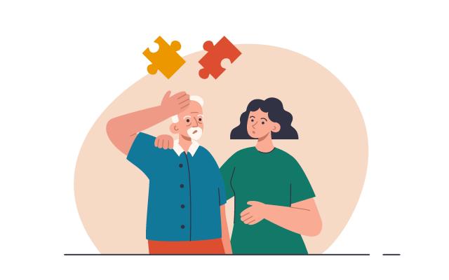 Illustratie van twee mensen met puzzelstukjes erboven