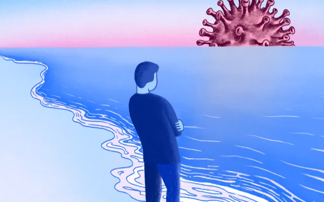 Beeld: Anna June Illustratie: man kijkt naar horizon met covid-virus als zonsondergang